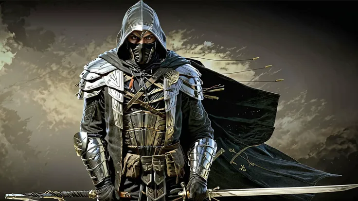 (realistic:1.5), solo, the breton man, holding sword, with hood and mask, full body shot, <lora:EdobESO_XL_v1.0:1>