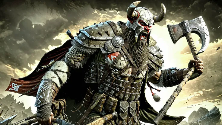 (realistic:1.5), solo, the nord man, holding axe, at war with army, full body shot, <lora:EdobESO_XL_v1.0:1>