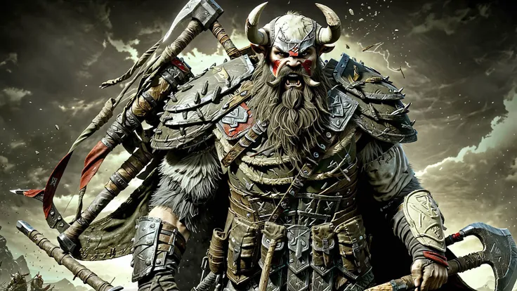 (realistic:1.5), solo, the Nord man, holding axe, at war with army, full body shot, <lora:EdobESO_XL_v1.0:1>