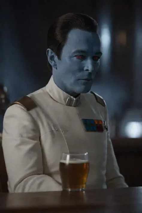 A male Chiss from Star Wars. Space Pirate style, (blue skin), (red eyes), (short black hair), drinking and gambling