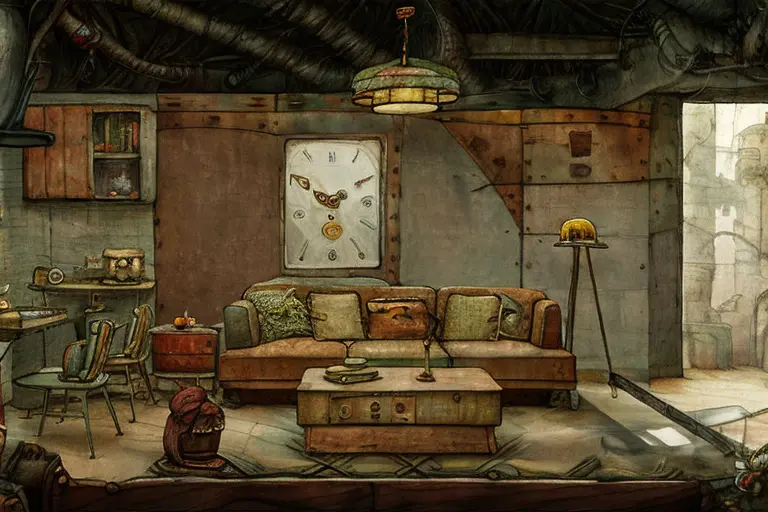 a painting of a room with a staircase and a clock , jxmc style, <lora:jxmc:1>