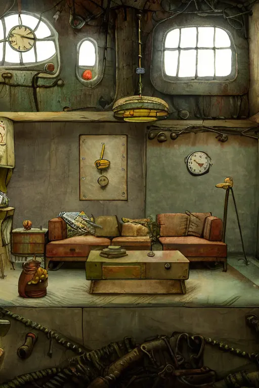 a painting of a room with a staircase and a clock , jxmc style, <lora:jxmc:1>