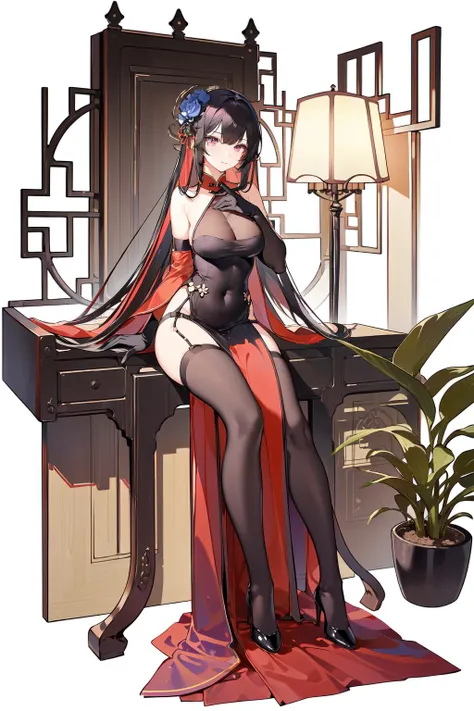 [(white background:1.5)::5], (imid shot:0.95), (full body:1.25), Dynamic angle, (falt color:1.3),colorful
1girl, breasts, official alternate costume, black hair, gloves, bodystocking, large breasts, looking at viewer, elbow gloves, solo, long hair, bare shoulders, flower, pantyhose, dress, chinese clothes, lace-trimmed gloves, hair ornament, full body, black gloves, chair, sitting, black footwear, black flower, red eyes, covered navel, china dress, high heels, black dress, hair flower, black rose, taut dress, purple eyes, plant, taut clothes, indoors, clothing cutout, lamp, pelvic curtain
 <lora:azur lane_20230619144714-000018:0.8>