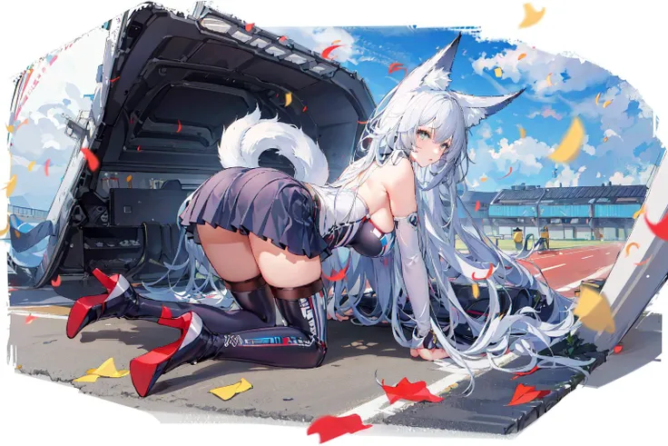 [(white background:1.5)::5], (imid shot:0.95), (full body:1.25), Dynamic angle, (falt color:1.3),colorful,
shinano \(azur lane\),1girl, shinano (azur lane), car, , tail, animal ears, skirt, thighhighs, motor vehicle, race queen, , ground vehicle, fox ears, long hair, multiple tails, , white hair, fox girl, official alternate costume, confetti, fox tail, solo, sports car, high heels, looking at viewer, thigh boots, thighs, cloud, pleated skirt, sky,  shoulders, miniskirt, outdoors, boots, full body, kitsune, blue sky, day, animal ear fluff, white tail, microskirt, black skirt, , logo, bangs, looking back, vehicle focus
 <lora:azur lane_20230619144714-000018:0.6>     <lora:shinanoAzurLane_v10:0.8>