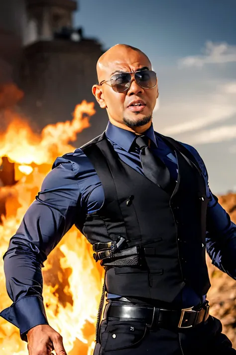 dcorbuzier, Bald Man's Face wearing sunglasses, Angry, <lora:dcorbuzier_endlessreality_v1:1>