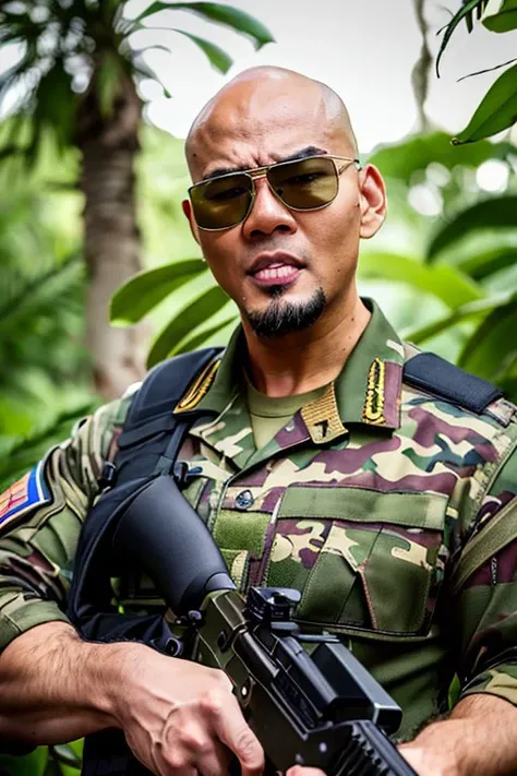 dcorbuzier, (solo, 1guy), RAW, Masterpiece, a stunning photo of a bald man soldier in a jungle. wearing sunglasses, ((camouflage military uniform, dirty, muddy)), carrying a machine gun. 8K UHD, absurdres, lifelike, realistic, hyperrealism, highly detailed, natural lighting,  <lora:dcorbuzier_endlessreality_v1:1>
