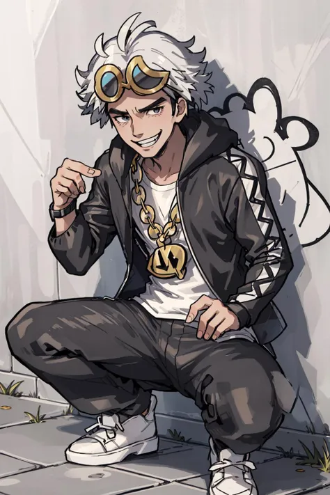 masterpiece, best quality, guzma \(pokemon\), white shirt, black jacket, hoodie, black pants, gold chain, squatting, brick wall, grafitti, looking at viewer, smile, teeth <lora:GuzmaLora-10:0.9>