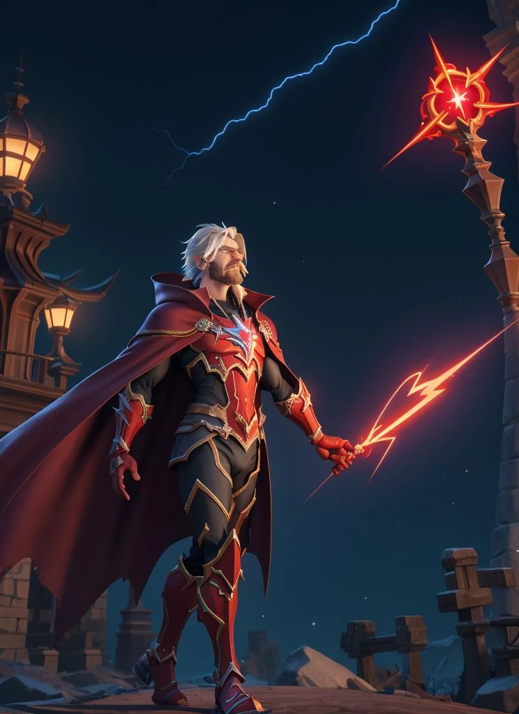3DCG, An animated figure dressed in a Magel costume holds glowing lightning rods in both hands and wears a red cape, pure background, masterpiece, Game characters, World of Warcraft, Extreme detail, High quality, cinematography, special effects