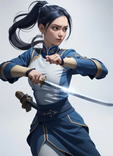 3DCG, A woman in blue and white, high ponytail, holding a sword in her hand, handsome, martial arts, 3DCG, mnp, white background, masterpiece, realistic,  Extreme detail, High quality, cinematography, special effects