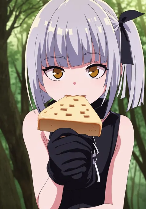 <lora:Ataru:0.8>, Ataru, 1girl, solo, gloves, ribbon, bare shoulders, hair ribbon, outdoors, food, sleeveless, black gloves, blunt bangs, side ponytail, tree, blurry background, mouth hold, eating, portrait, nature, forest, popsicle, food in mouth