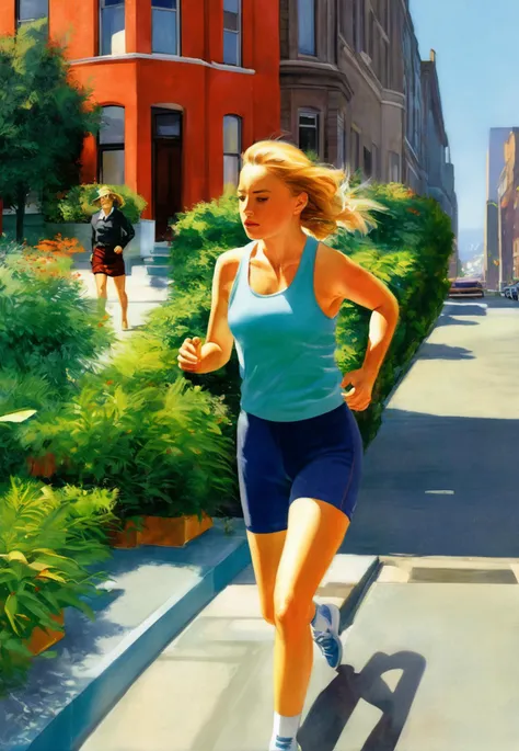 (1 girl), (aqua), Edward Hopper, detailed cityscape, detailed background, (causal sportwear), (8k wallpaper), (best quality), (masterpiece), HDR, detailed modern town, sporty, cleavage, modern street, (wet floor:0.9), garden, (detailed eyes), plant, refraction, (glossy:1.2), (reflective:1.2), fluttered hair, lens flare, raytracing, steam, depth of field, summertime, (nsfw:1), standing pose, street view, (running), far shot, (sweating:1),  <lora:Old_Illustration_v1:1>