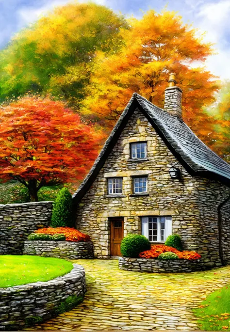 stone cottage, verdant, flowers, autumn leaves, absurd res, HDR, reflective, maximum detail, best quality, digital illustration, realistic, beautiful environment, Photorealistic painting, Professional majestic oil painting, Portfolio piece, Fantastic location, (global illumination, studio light, volumetric light), best quality, masterpiece,  <lora:Old_Illustration_v1:1>