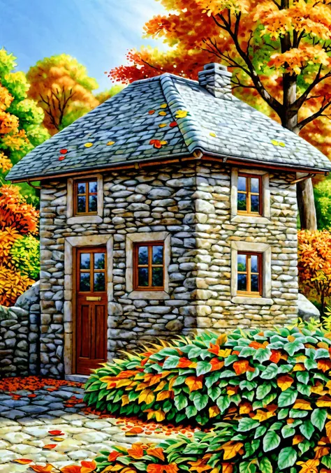 stone cottage, verdant, flowers, autumn leaves, absurd res, HDR, reflective, maximum detail, best quality, digital illustration, realistic, beautiful environment, Photorealistic painting, Professional majestic oil painting, Portfolio piece, Fantastic location, (global illumination, studio light, volumetric light), best quality, masterpiece,  <lora:Old_Magazine_Illustrastion:0.7>