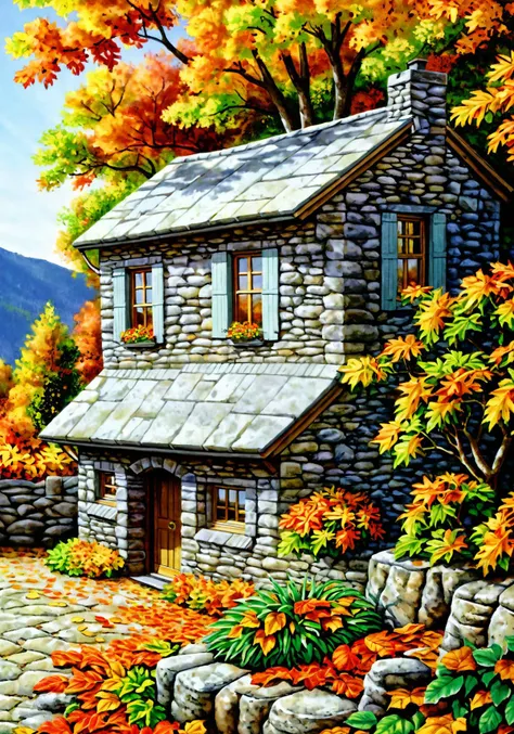 stone cottage, verdant, flowers, autumn leaves, absurd res, HDR, reflective, maximum detail, best quality, digital illustration, realistic, beautiful environment, Photorealistic painting, Professional majestic oil painting, Portfolio piece, Fantastic location, (global illumination, studio light, volumetric light), best quality, masterpiece,  <lora:Old_Magazine_Illustrastion:0.7>