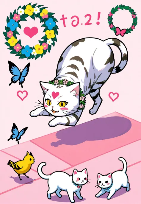 purumia, heart trace, figure, cat breakdancing \(meme\), butterfly tattoo, \\o/, flower wreath, doujin cover, >3<, angry dog noises, double v, pearl hair ornament, bird mask, tabby cat, how to, <lora:Old_Illustration_v1:1>