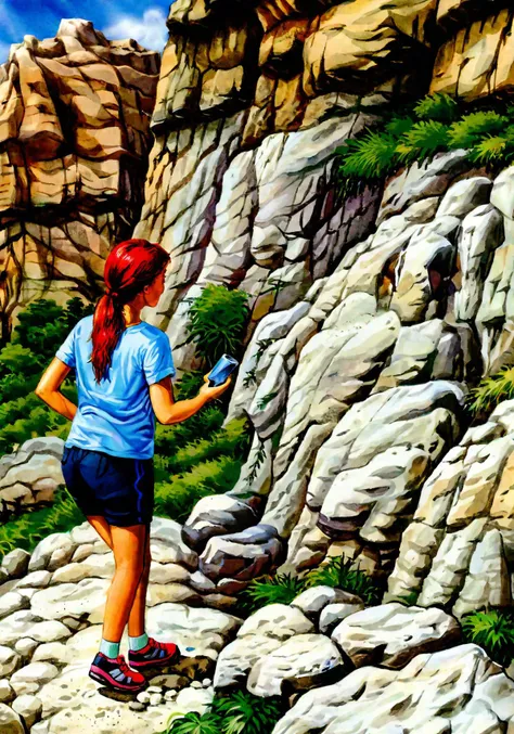 climbing rock, ((1girl)), steam, (from above), reflective, (remote arid mountain), detailed background, waterfall, (abrupt rock), landscape, golden ratio, masterpiece, best quality, ((extremely detailed blue eyes)), smiling, fluttered exquisite red hair, exquisite accessories, camp, wet clothes, medium breasts, ((big pupil)), navel, sweat, hot weather, expedition, ripple, (looking at sky), depth of field, raytracing, (wide shot:0.9), lens flare, close-up, cinematic lighting, (camel toe:0.9), vista,   <lora:Old_Magazine_Illustrastion:1>