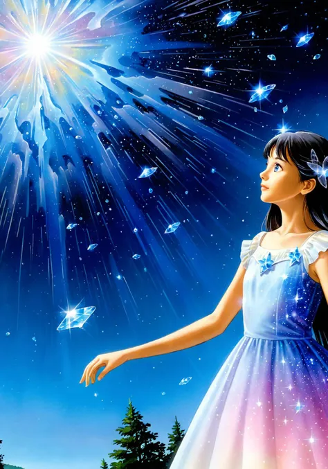 1 girl, close-up, masterpiece, fluttered tree hologram ,floating in cosmos, (from side:0.8), (from below:0.9), raising galaxy, best quality, (blue nebula in shape of girl:0.9), (detailed acrylic painting), concept art, intricate detail, lens distortion, (lens flare:0.95), depth of field, (landscape), chaos, raytracing, high contrast, reflective, glossy, ((HDR)), fluttered glowing particles around lake, pose, princess clothes, 3:1, glowing gradient eyes, blush, (thinking), shiny white crystal head accessories, look away from viewer, long shot, ((gradient color)), pose, fluttered elegant dress, fluttered sliver hair, outer realm, tight,  <lora:Old_Magazine_Illustrastion:0.6>