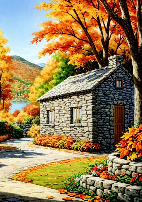 stone cottage, verdant, flowers, autumn leaves, absurd res, HDR, reflective, maximum detail, best quality, digital illustration, realistic, beautiful environment, Photorealistic painting, Professional majestic oil painting, Portfolio piece, Fantastic location, (global illumination, studio light, volumetric light), best quality, masterpiece,  <lora:Old_Magazine_Illustrastion:0.7>