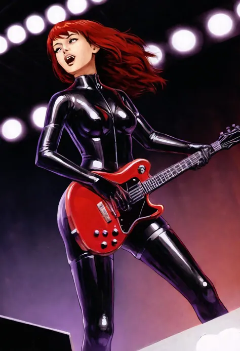Felecia Manning, a cute young woman in a latex catsuit , glossy, shiny catsuit, heavy rubber corset, latex gloves, fetish wear. lace up thigh high boots. red hair. on a concert stage, in a metal band, playing a guitar.