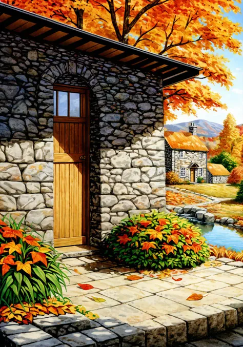 stone cottage, verdant, flowers, autumn leaves, absurd res, HDR, reflective, maximum detail, best quality, digital illustration, realistic, beautiful environment, Photorealistic painting, Professional majestic oil painting, Portfolio piece, Fantastic location, (global illumination, studio light, volumetric light), best quality, masterpiece,  <lora:Old_Magazine_Illustrastion:0.7>