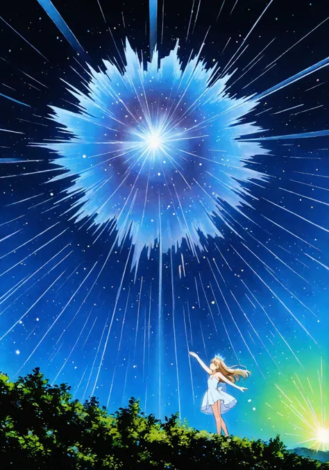 1 girl, anime, masterpiece, fluttered tree hologram ,floating in cosmos, (from side:0.8), (from below:0.9), raising galaxy, best quality, (blue nebula in shape of girl:0.9), (detailed acrylic painting), concept art, intricate detail, lens distortion, highres, (lens flare:0.95), depth of field, (landscape), chaos, raytracing, high contrast, reflective, glossy, ((HDR)), fluttered glowing particles around lake, pose, princess clothes, 3:1, glowing gradient eyes, blush, (thinking), shiny white crystal head accessories, look away from viewer, long shot, ((gradient color)), pose, fluttered elegant dress, fluttered sliver hair, outer realm, tight,  <lora:Old_Magazine_Illustrastion:0.75>