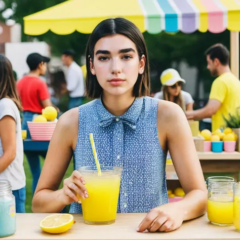 a photo of dua lipa, ohwx, a woman at a lemonade stand, best quality <lora:dualipa_SDXL:0.9>