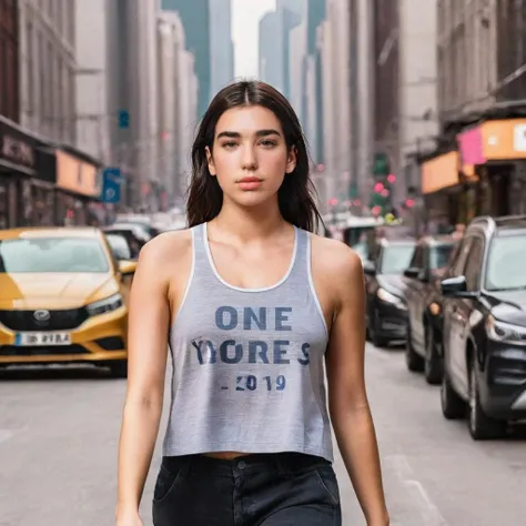 a photo of dua lipa, ohwx, a woman wearing a tank top, on a city street, best quality <lora:dualipa_SDXL:1>
