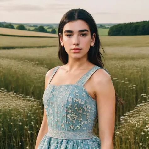 a photo of dua lipa, ohwx, a woman wearing a dress, in a field, best quality <lora:dualipa_SDXL:1>