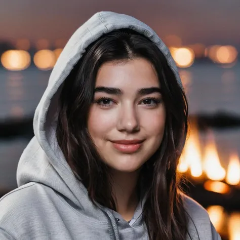 a photo of dua lipa, ohwx, a woman at a bonfire, night, wearing a hoodie, smile, best quality, portrait, cinematic lighting, <lora:dualipa_SDXL:0.9>