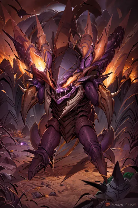 <lora:zerg-basic:1.2> zerg with arms raised screaming, battle roar, surrounded by lava, (purple flames:1.1), (mist:1.3), volcano, ash, charcoal, ash skies, full body, high detail, sharp focus