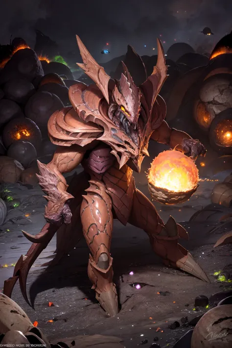 <lora:zerg-basic:1> zerg surrounded lava, volcano, ash, charcoal, ash skies, full body, high detail, sharp focus