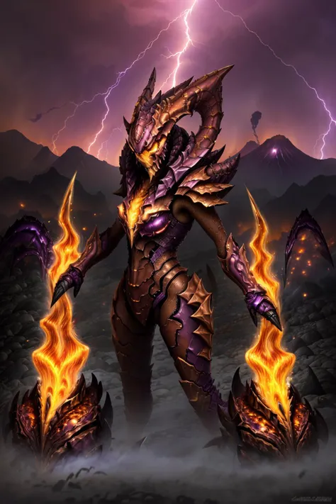 <lora:zerg-basic:.90> humanlike female zerg in warrior armor, surrounded by lava, (purple flames:1.2), (mist:1.3), (lightning:1.2), volcano, ash, charcoal, ash skies, full body, high detail, sharp focus