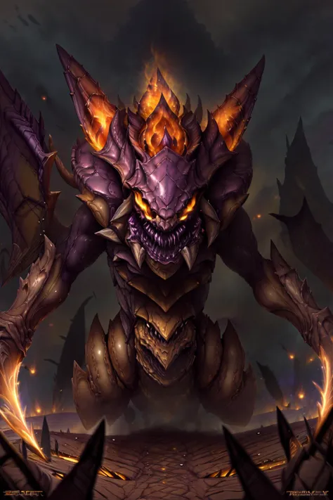 <lora:zerg-basic:1.2> zerg with arms raised screaming, battle roar, surrounded by lava, (purple flames:1.1), (mist:1.3), volcano, ash, charcoal, ash skies, full body, high detail, sharp focus