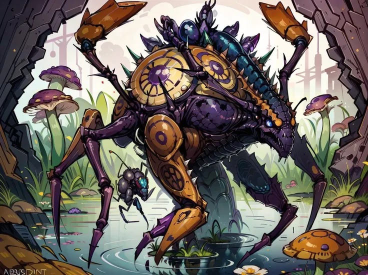 (1insect), character focus, (a circular natural pond), (detailed flowers in foreground), mushrooms in background, detailed, abusrdres, 8k, wilderness, , Detailed eyes, angry expression, zerg, <lora:zerg-basic:.65>, spikey hair, predator, purple skin, detailed eyes,