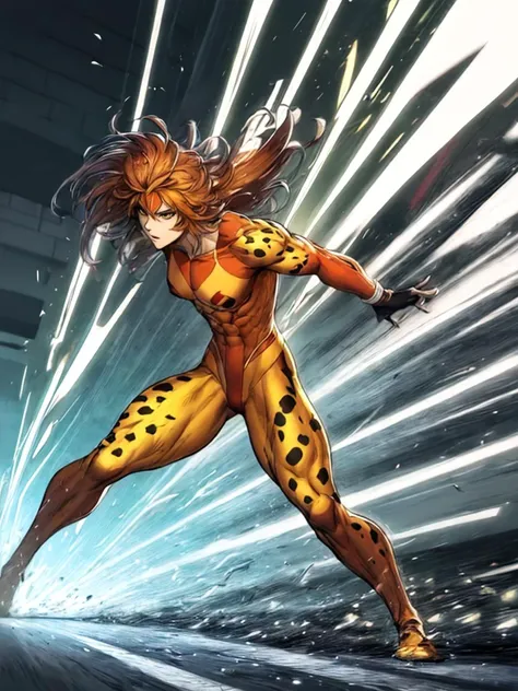 comic (best quality:1.33), (masterpiece:1.42), (detailed:1.15), perfect orange tiger eyes, dynamic, <lora:quiron_Cheetara_v3_lora:1.07> , CheetaraQuiron character runnig fast, movement effect superspeed, speed lines, light trails with motion blur effect, dynamic movement, deserted scene, explosions, fog, lightning, Doomsday, leotard, upper body, abs, muscle legs, . graphic illustration, comic art, graphic novel art, vibrant, highly detailed