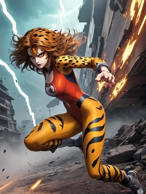 comic , (best quality:1.27), (masterpiece:1.27), (detailed:1.17), perfect orange tiger eyes, dynamic, <lora:quiron_Cheetara_v3_lora:1.17> , CheetaraQuiron character runnig fast, movement effect superspeed, speed lines, light trails with motion blur effect, dynamic movement, macabre scene, explosions, fog, lightning, Doomsday, leotard, upper body, abs, (muscle legs), . graphic illustration, comic art, graphic novel art, vibrant, highly detailed