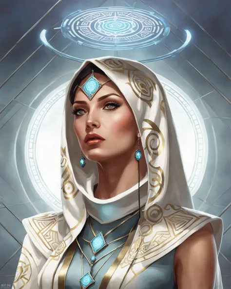 cyberfuture, (woman with a veil on her head, wearing netrunner clothing, surrounded by glowing sri-yantra),ornate cyberpunk robes, sci-fi tibetan fashion, beautiful cyborg priestess, cyberpunk robotic elvish queen, (masterpiece:1.3), (best quality:1.4), intricate, highly detailed:1.1, by amy judd and brooke didonato, sharp focus, natural lighting, subsurface scattering, f2, 35mm, film grain,(photorealistic:1. 4),(8k, RAW photo:1. 2), (best quality:1. 4),(ultra highres:1. 2) <lora:cyberfuture:.7>