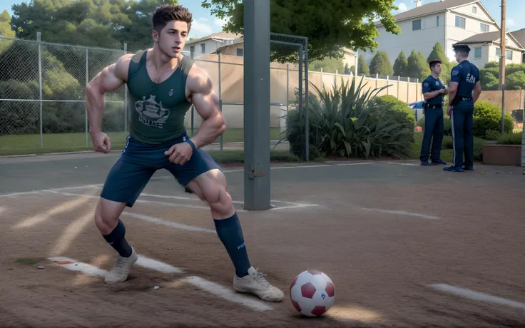 High quality detailed photo, a fit davidhenrie person playing soccer outdoors, He is wearing a sleeveless shirt and shorts, (Police officers in the background), ((realistic)), [Real grass field],  <lora:davidhenrie_12150:1>