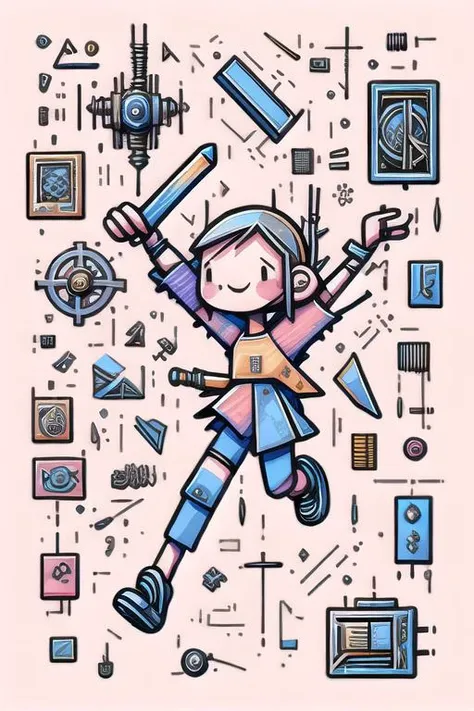 icon of 1girl swinging a sword, <lora:Destijl:1> , <lora:add_detail:1> , <lora:Mech4nim4lAI:1>, pastel colors, 2.5d, blurry background, Clutter-Mechanical