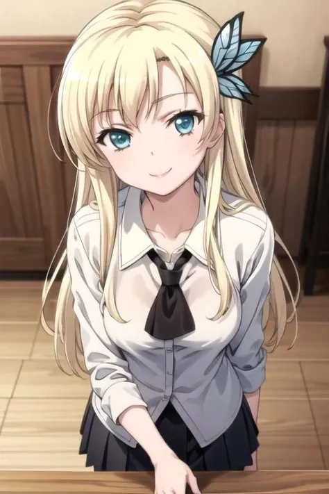 best quality, masterpiece,
1girl, solo, kanzakiurumi, mature female, medium breasts, slender body, blond,
school_uniform, happy face, full body, 
<lora:Kanzaki_Urumi:0.8>,