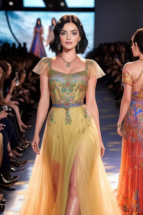 photo of lucyhale-5200 , a woman as a movie star, modelshoot style, (extremely detailed CG unity 8k wallpaper), Intricate, High Detail, Sharp focus, smiling, photorealistic painting art by midjourney and greg rutkowski , (waist chain), ((fashion show)), ((walking down the runway)), ((paparazzi in the background)), (looking at viewer), (detailed pupils:1.2), (elegant colorful dress:1.3) brightly lit