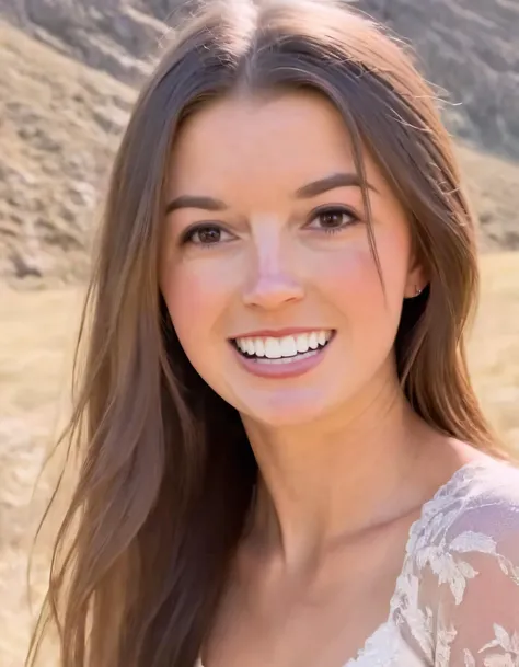 Hannah Barron, the radiant beauty, with her luscious locks cascading around her flawless complexion and dazzling brown eyes, beams a captivating smile revealing her gleaming white teeth as she effortlessly gazes straight into the viewer's soul from an enigmatic backdrop where her elegant attire perfectly blends with the mesmerizing surroundings. <lora:ghjnym18e78d47966g294:1>