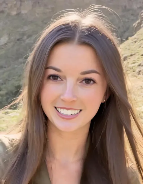 In this scene, the captivating Hannah Barron, with her cascading long hair and radiant brown eyes, sports an elegant yet effortless outfit, confidently posing before a breathtaking vista as her bright smile accentuates her pearly white teeth. <lora:ghjnym18e78d47966g294:1>