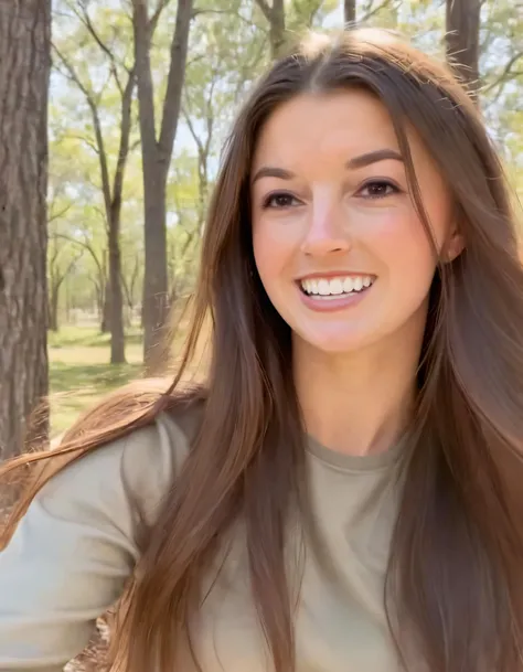Hannah Barron, with her long brown tresses gently swaying as the breeze caressed them, flashed a radiant smile revealing her gleaming teeth, gazed intently into the distance with her captivating brown eyes, wearing an elegant yet casual outfit that effortlessly blended in with the picturesque surroundings. <lora:ghjnym18e78d47966g294:1>