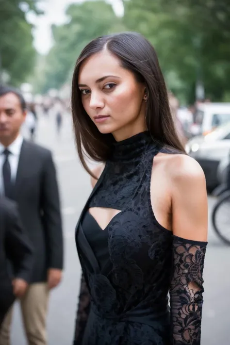 A stunning intricate full color portrait of a woman,wearing a long high neck black dress, crowded street, spectators, happy, epic character composition,by ilya kuvshinov, alessio albi, nina masic,sharp focus, natural lighting, subsurface scattering, f2, 35mm, film grain <lora:ShrimaMalati:1>