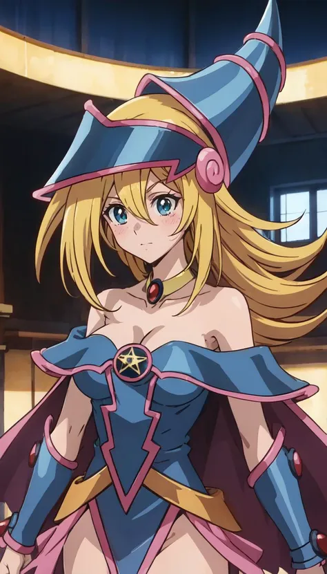 straight-on, upper body, solo, BREAK
ANIME_dark_magician_girl_YuGiOh_ownwaifu, www.ownwaifu.com,
blonde hair, long hair, dark magician girl,breasts, hair between eyes, medium breasts, blue eyes, bangs, collarbone, spiked hair, blush stickers, large breasts, green eyes, 
bare shoulders, blue headwear, choker, duel monster, hat, wizard hat, cleavage, blue leotard, jewelry, gem, necktie, star \(symbol\), vambraces, pentacle, bracer,pelvic_curtain,hexagram,
<lora:ANIME_dark_magician_girl_YuGiOh_ownwaifu:0.8>,, official art, highres, scenery, (masterpiece:1.1), (best quality,:1.1), (high quality:1.1), (anime screencap:1.2),