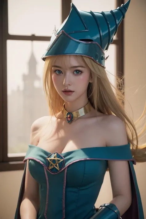 <lora:ANIME_dark_magician_girl_YuGiOh_ownwaifu:0.75>, best quality, masterpiece, illustration, (realistic, photo-realistic:1.37), amazing, finely detail, incredibly absurdres, huge filesize, ultra-detailed, highres, extremely detailed CG unity 8k wallpaper, ray tracing, nsfw, nude, 1girl, blonde hair, long hair, dark magician girl,breasts, hair between eyes, medium breasts, blue eyes, bangs, collarbone, spiked hair, blush stickers, large breasts, green eyes, bare shoulders, blue headwear, choker, duel monster, hat, wizard hat, cleavage, blue leotard, jewelry, gem, necktie, star \(symbol\), vambraces, pentacle, bracer,pelvic_curtain,hexagram, holding, holding wand, staff, wand,
