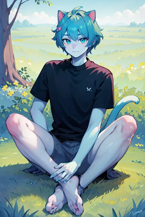 Sima, blue skin, cat ears, boy, man, sitting, hill,
<lora:Sima:1>,
(masterpiece,detailed,highres),