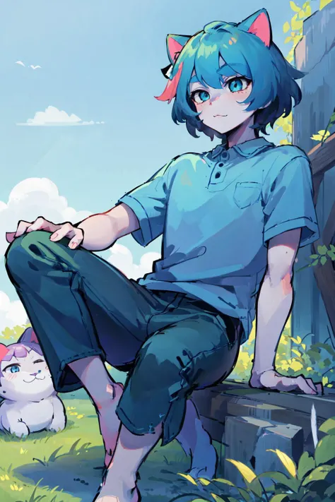 Sima, blue shin, cat ears, boy, man,
<lora:Sima:1>,
(masterpiece,detailed,highres),
