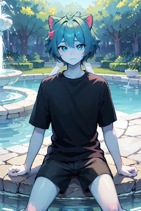Sima, blue skin, cat ears, boy, man, sitting, fountain,
<lora:Sima:1>,
(masterpiece,detailed,highres),
